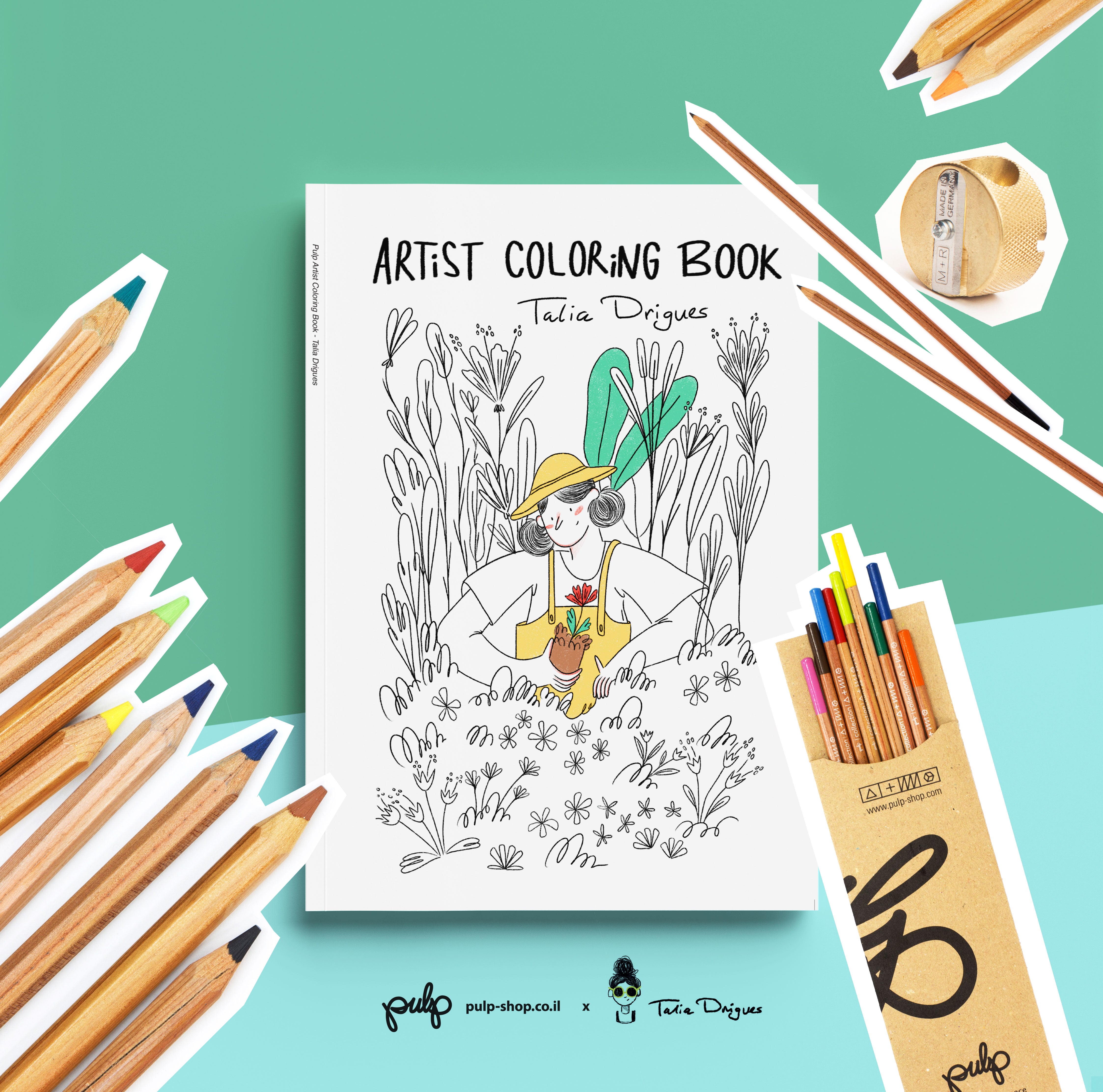 ערכת צביעה של המאיירת טליה דריגס - חוברת צביעה +עפרונות+מחדד פליז