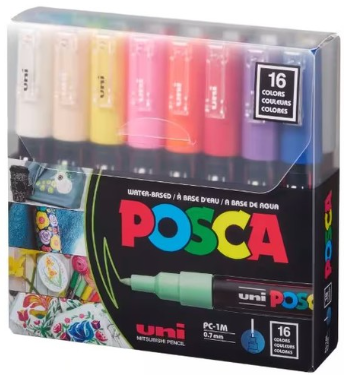posca by uniball - 1M - סט 16 טושים אקריליים לציור פוסקה בעובי 0.7 מ"מ