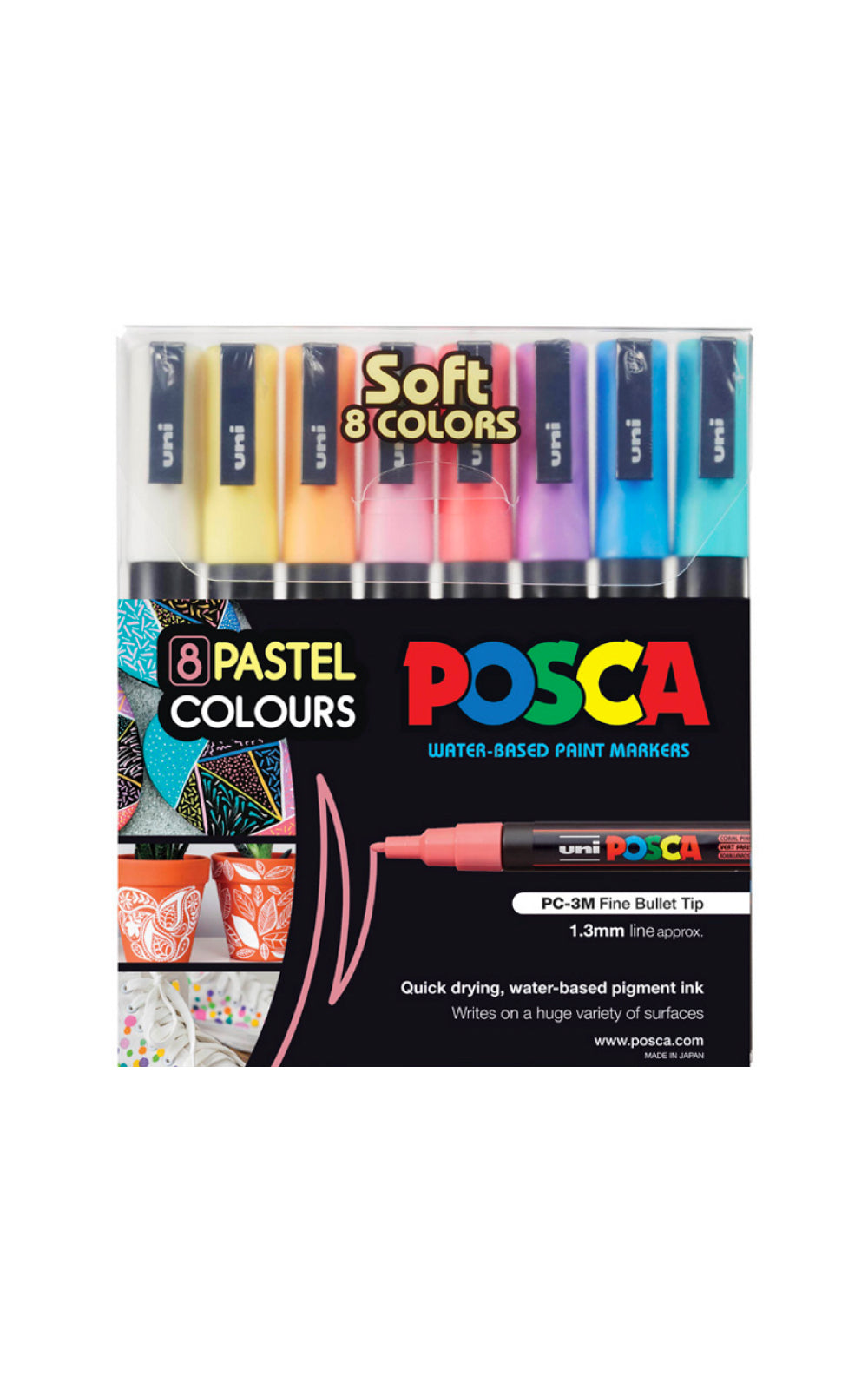 posca by uniball pastel -סט 8 יח' טושים אקריליים בצבעי פסטל לציור פוסקה בשלושה עוביים לבחירה