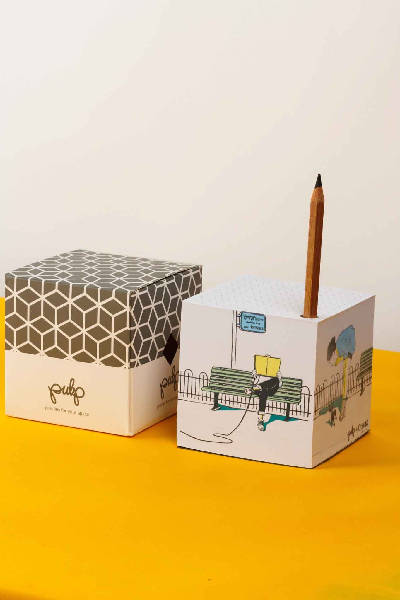 קוביית נייר לבנה מאוירת ע״י סיטיקט סטורי-שדרות רוטשילד צבעוני