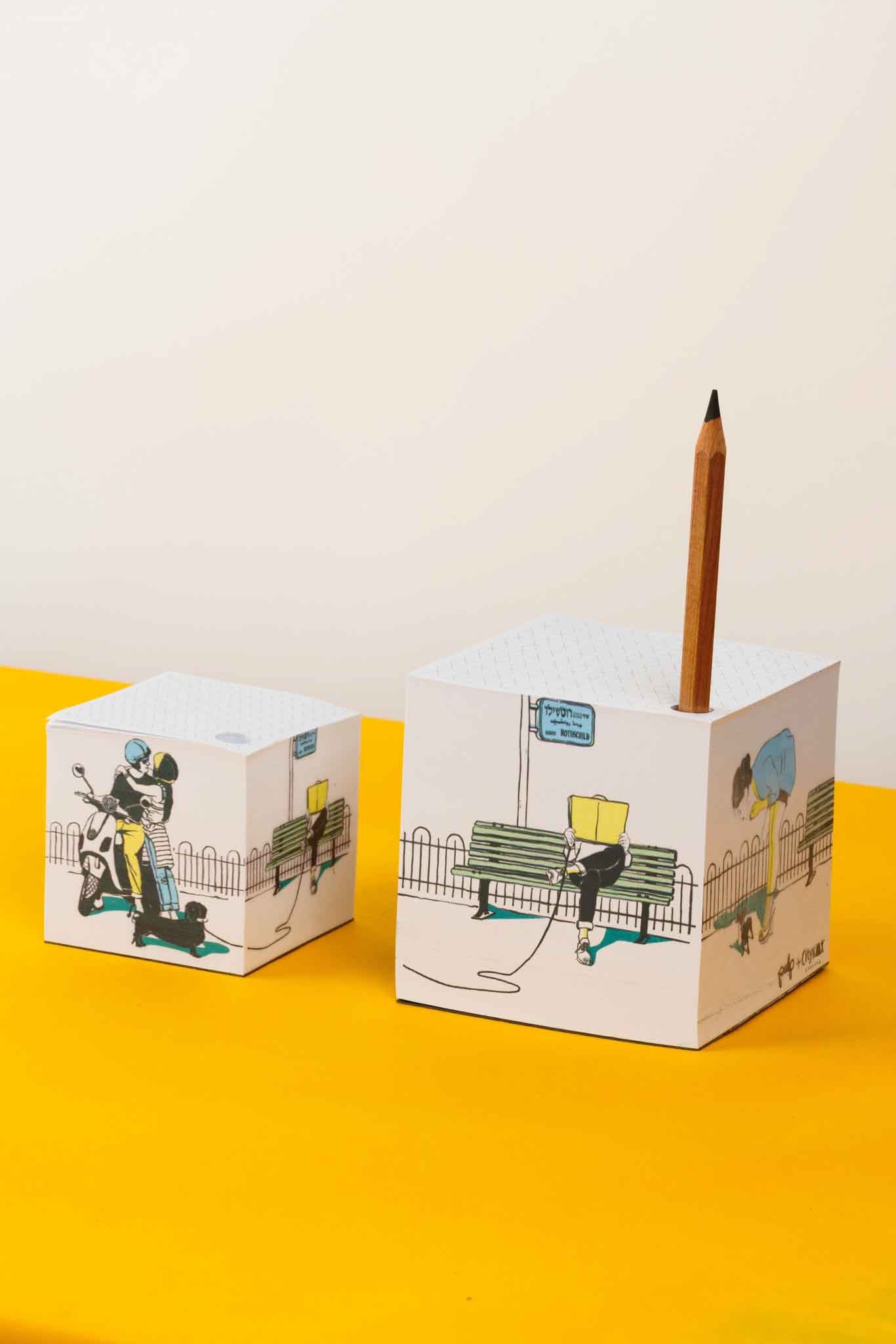 קוביית נייר לבנה מאוירת ע״י סיטיקט סטורי-שדרות רוטשילד צבעוני