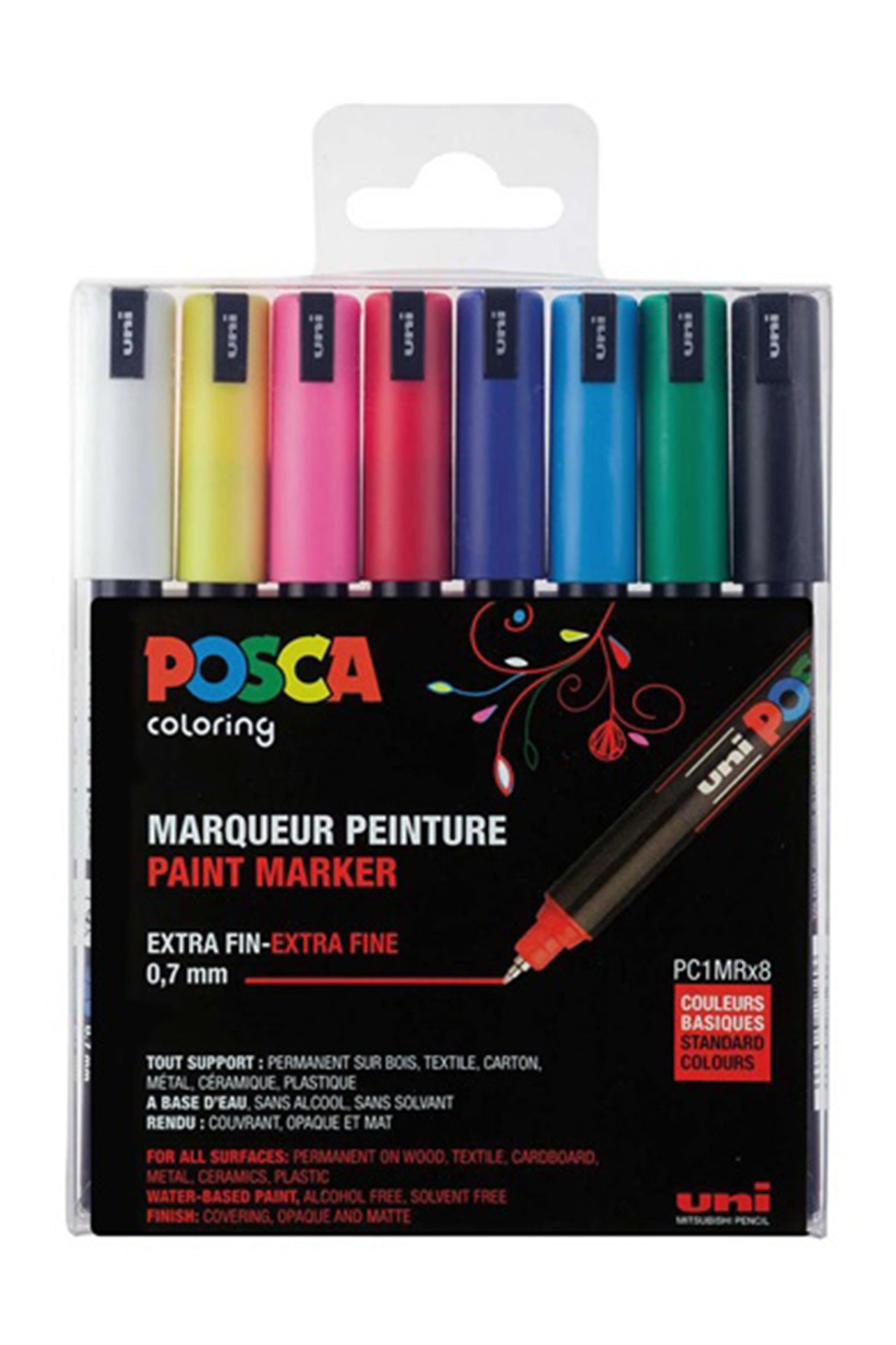 posca by uniball - 1M - סט 8 יח' טושים אקריליים לציור פוסקה בעובי 0.7 מ"מ