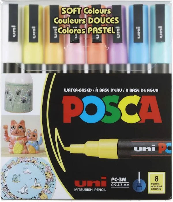 posca  by uniball - 3M - סט 8 יח' טושים אקריליים לציור צבעי פסטל וסקה בעובי 0.9-1.3 מ"מ