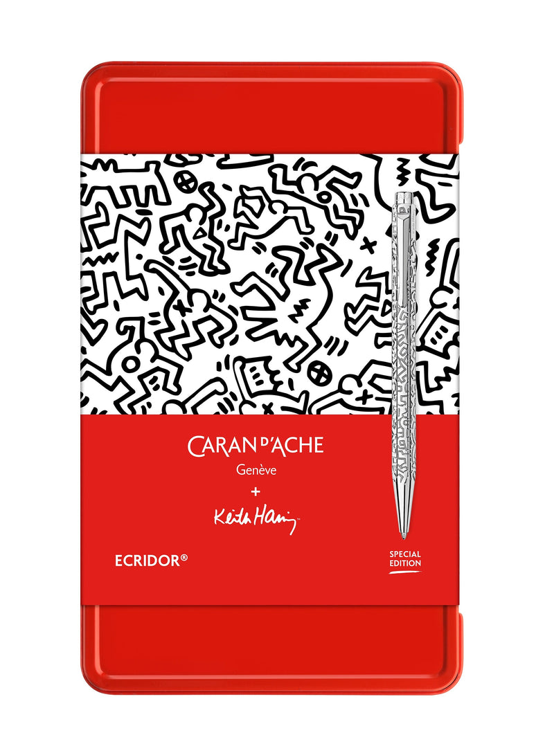 קופסת מתנה של עט כדורי יוקרתי אקרידור ונרתיק עור מהדורה מיוחדת של קית' הרינג וקראנדש | CARAN D’ACHE + KEITH HARING
