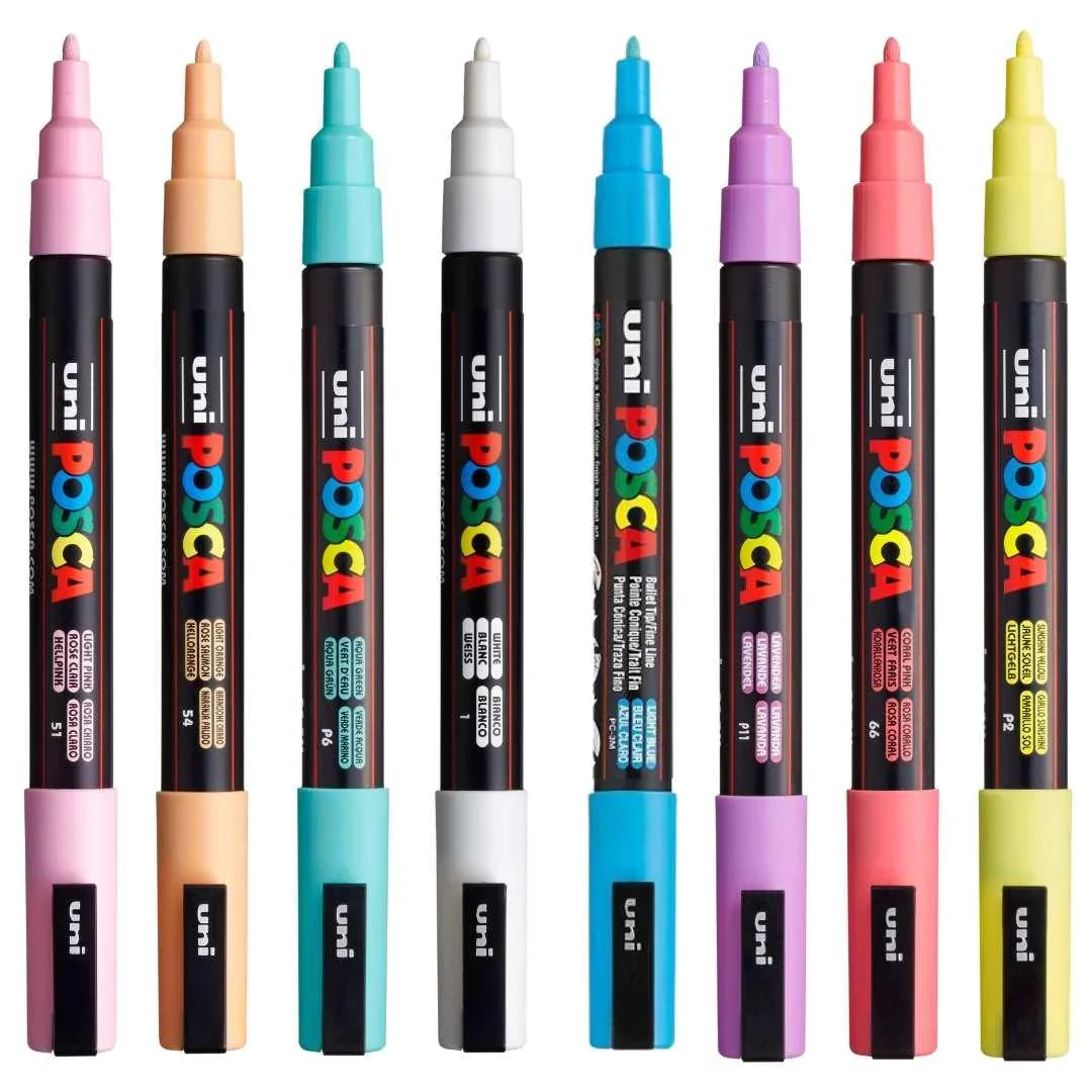 posca  by uniball - 3M - סט 8 יח' טושים אקריליים לציור צבעי פסטל וסקה בעובי 0.9-1.3 מ"מ