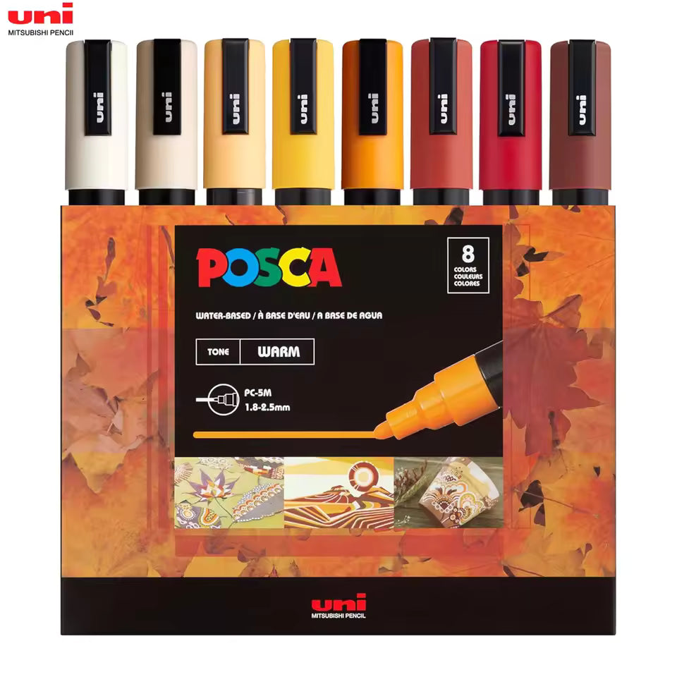 posca  by uniball - 5M - סט 8 יח' טושים אקריליים לציור פוסקה דגם WARM עובי 1.8-2.5 מ"מ