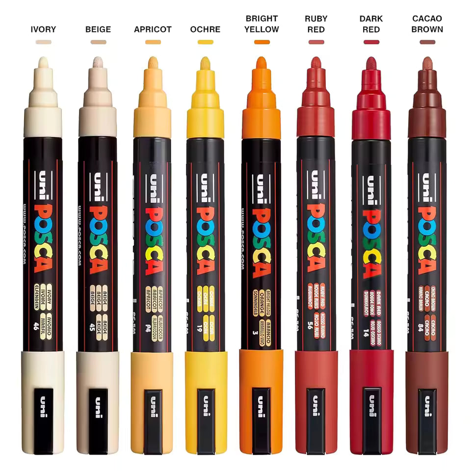 posca  by uniball - 5M - סט 8 יח' טושים אקריליים לציור פוסקה דגם WARM עובי 1.8-2.5 מ"מ
