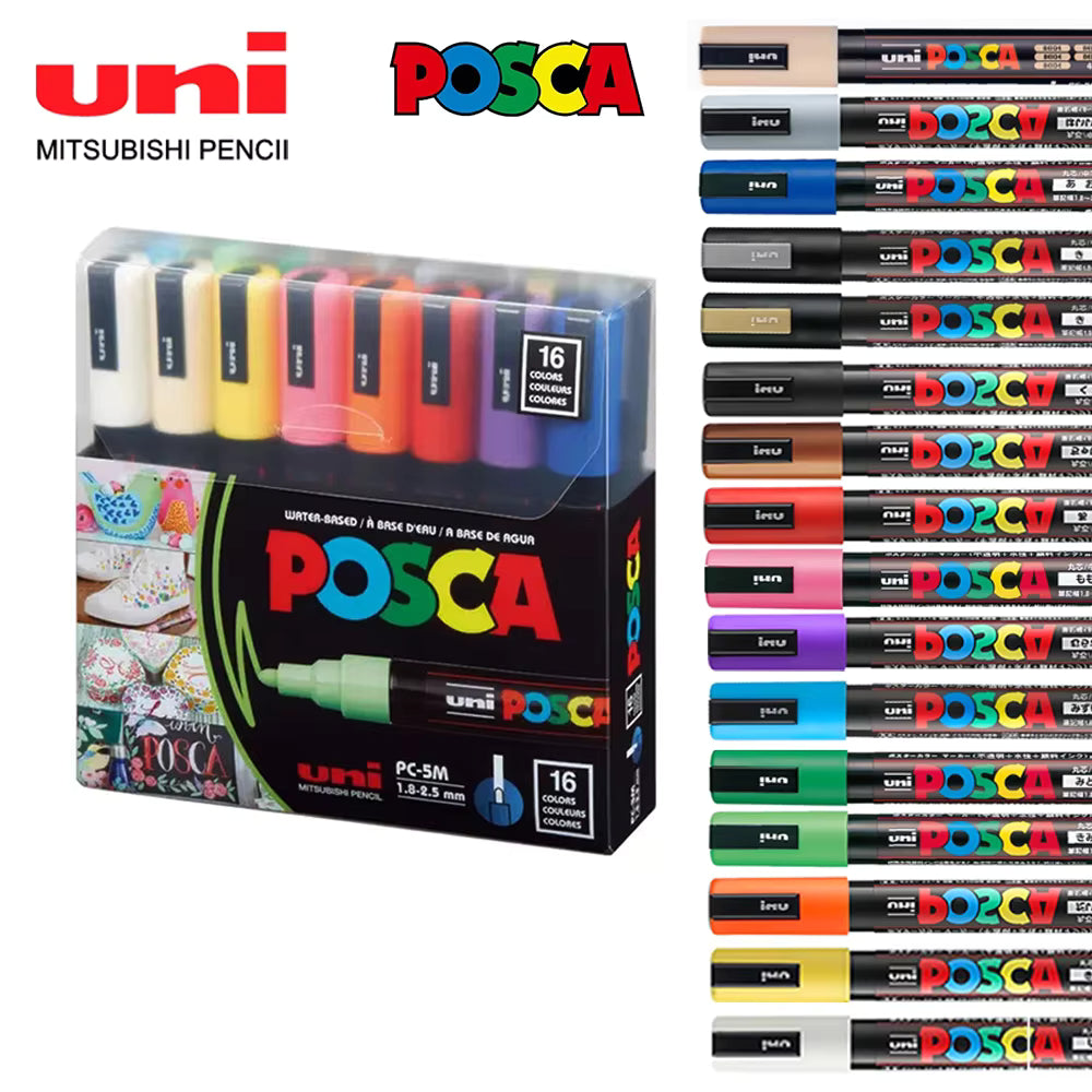 posca  by uniball - 1M - סט 16 טושים אקריליים לציור פוסקה בעובי 0.7 מ"מ