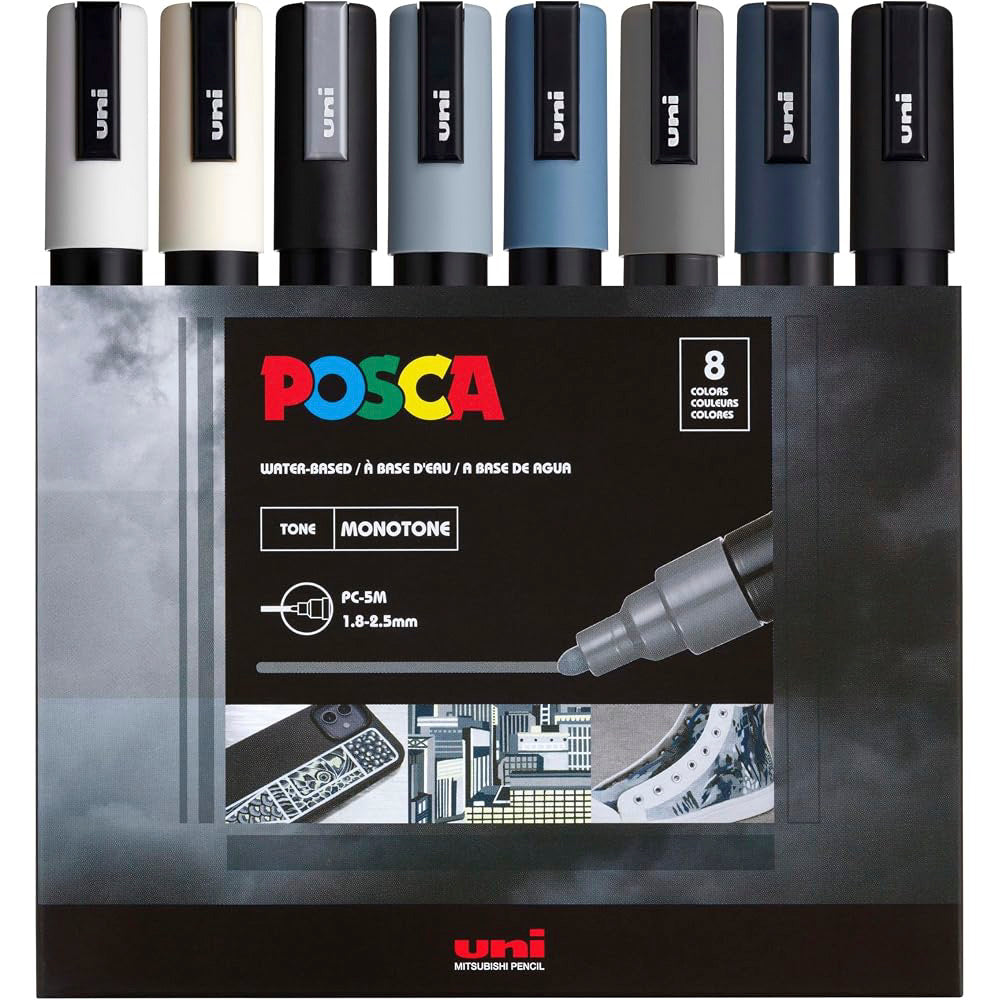 posca  by uniball - 5M - סט 8 יח' טושים אקריליים לציור פוסקה דגם MONOTONE עובי 1.8-2.5 מ"מ