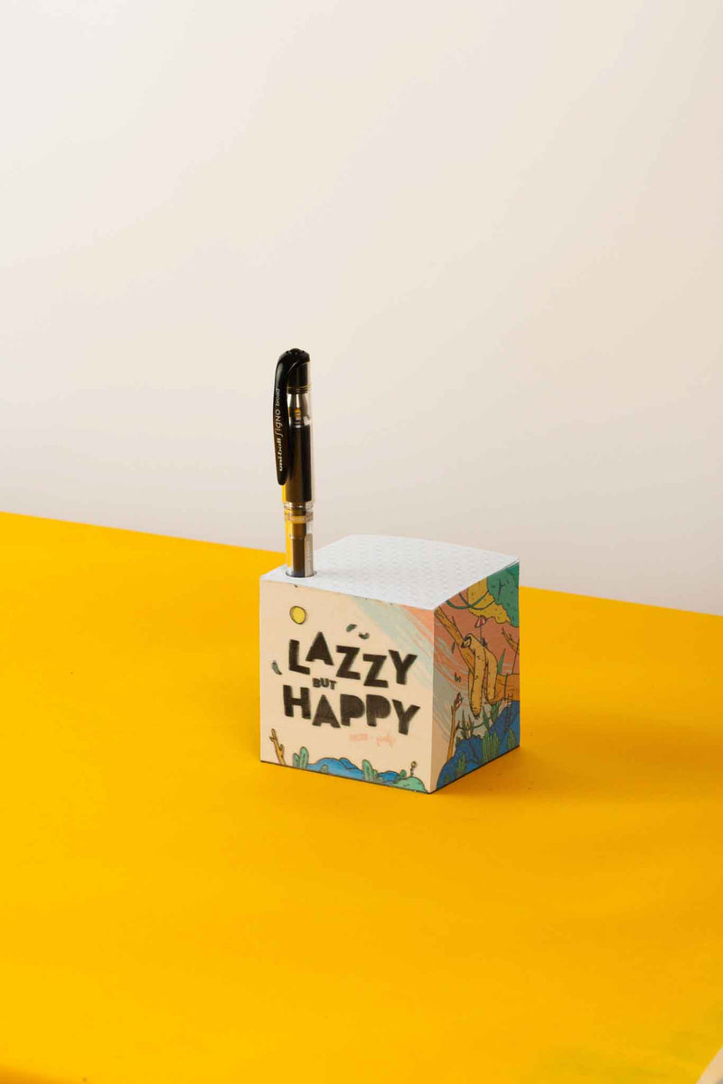 קוביית נייר לבן מאויירת | העצלן | LAZZY BUT HAPPY | מאייר ארז שמח | EREZOO